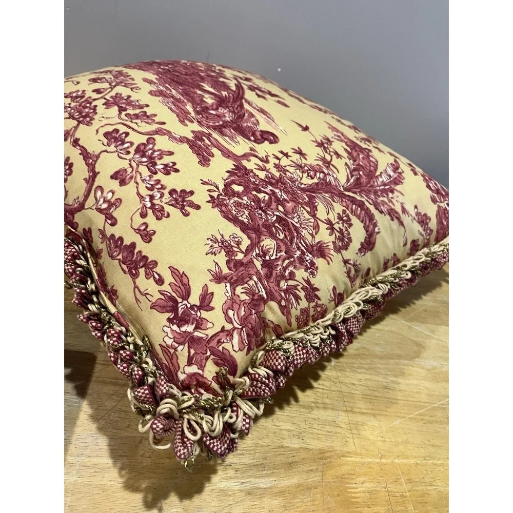 Throw Pillow Spice Red‎ Gold French Country Toile Bird Fringe 20x20